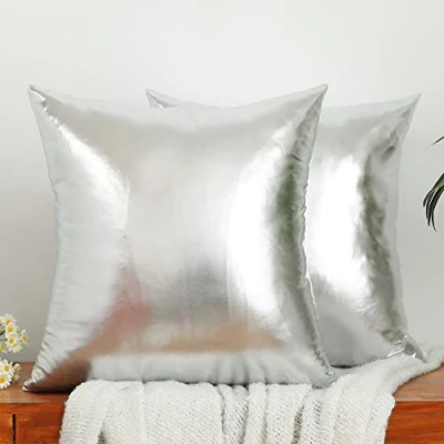 Image of LiiZee Pack of 2 Decorative Throw Pillow Covers Modern Metallic Shiny Cushion Cover, Faux Leather Soft Square Pillowcase for Sofa/Bed/Party, 18 x Inch Silver