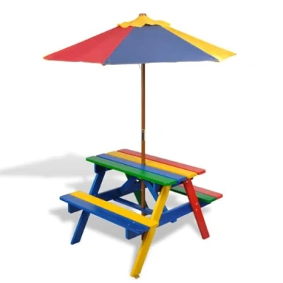 Image of vidaXL Kids&#039; Picnic Table with Benches and Parasol, Multicolour, Sturdy Fir Wood/Polyester Material, Rainbow Design, Outdoor Play Furniture
