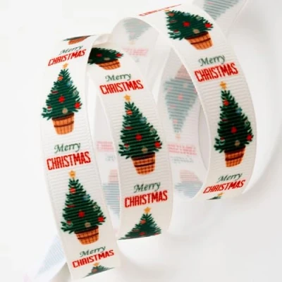 Image of Italian Options Traditional Merry Christmas Tree Grosgrain Ribbon, 16mm x 5 Metre, Cream