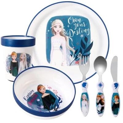Image of Frozen Kids 6 Piece Reusable Dinner Set Plate/Bowl/Cup/Knife/Fork/Spoon Childrens Dinnerware Tableware Cutlery