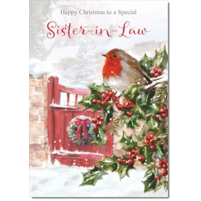 Image of doodlecards Sister in Law Christmas Card Robin on Holly Tree Medium Size for with Plain Envelope