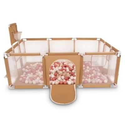 Image of Selonis Baby Playpen Big Size Playground with 200 Balls for Kids, Beige:Pastel Beige/Salmon Pink/White