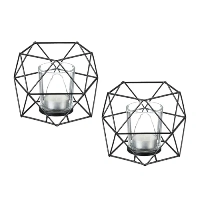 Image of Relaxdays Tealight, Set of 2, Metal, Geometric Design, HxWxD: 10 x 13 12 cm, Holder, Candle Jar, Black, Iron