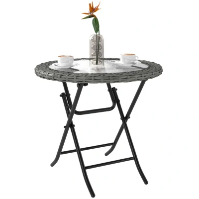 Image of Outsunny Folding Round Tempered Glass Garden Table with Grey Rattan Edging