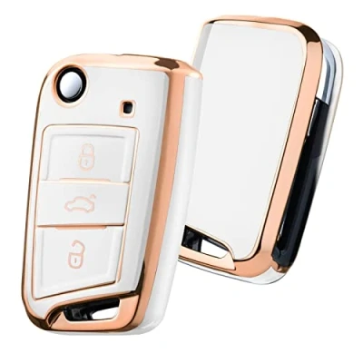 Image of Car Key Cover for VW Golf 7 Box/Key Case VW, Polo, Skoda, Seat, 3 Buttons (gold trim white)