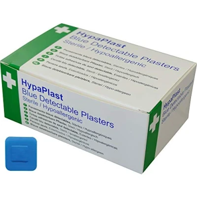 Image of Safety First Aid Group HypaPlast Blue Metal Detectable Washproof Plasters, 3.8x3.8cm (Pack of 100)