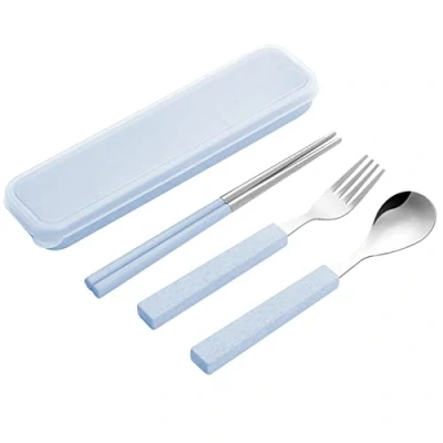 Image of VANRA 3 Piece Children Utensils Set 18/8 Stainless Steel Child Flatware Silverware Spoon Fork Chopstick with Travel Case for Kids Lunch Box