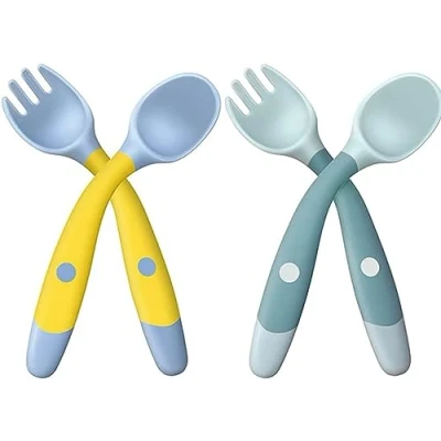 Image of Baby Fork and Spoon Set, 2 Pairs, Kid Cutlery, 360 Bendable Weaning Spoons, Silicone Learning Self Feeding Spoons For Infant Toddler Children Kids(Blue Yellow)