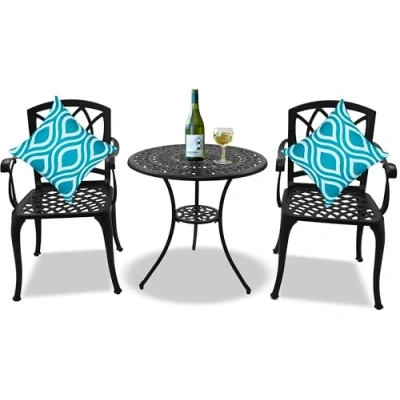 Image of Homeology POSITANO Garden &amp; Patio Table 2 Large Chairs with Armrests Cast Aluminium Bistro Set Black