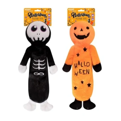 Image of YöL Pack of 2 Halloween Pumpkin, Skeleton Plush Dog Toys With Speaker Crinkle Effect Puppy Pet Teething Chew Soft Play