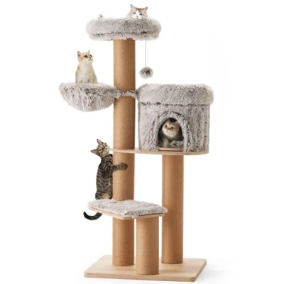 Image of FUKUMARU Cat Tree, 155cm 5 in 1 Tower for Indoor Cats, Plush Multi Level Condo with 6 Scratching Posts, Detachable and Washable Cushions, Activity House Perch Hammock Most Cats