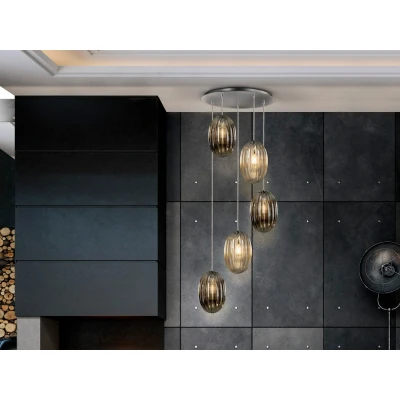 Image of Ovila Modern Cluster Drop 5 Light LED Pendant Light, Oval Brandy &amp; Smoke Grey Shades