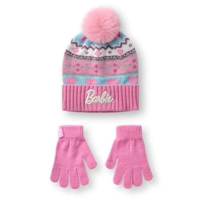 Image of Barbie Girls Pink Fair Isle Beanie and Gloves Set One Size Winter Knit Accessories for Kids Design Cosy Cold Weather Apparel Childrens Gift Idea
