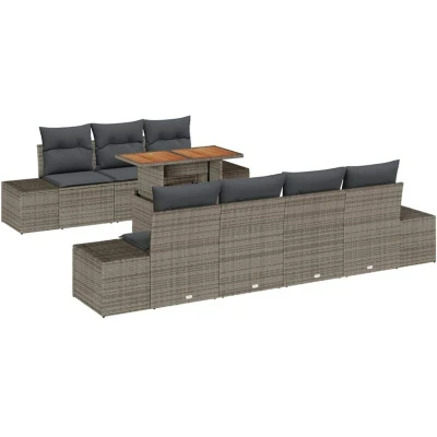 Image of vidaXL 8 Piece Garden Dining Set with Cushions Grey Poly Rattan Acacia