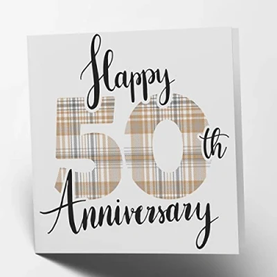 Image of Maturi Happy 50th Anniversary Tartan Greetings Card Blank Inside, 15.5 x cm Square