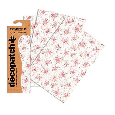 Image of Décopatch Ref C570O White &amp; Pink Floral Pattern Paper Pack Each Sheet 30 x 40cm, of 3 Sheets Best Used With Décopach Glue Varnish,