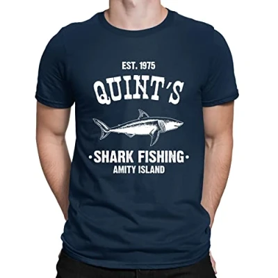 Image of Mens Quints Fishing Shark Jaws Inspired Amity Cult Movie T Shirt Navy Blue (XXL)