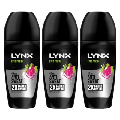 Image of Lynx Epic Fresh Roll On 48 Hours Anti Sweat Faster Drying Perspirant with Long Lasting and Odour Protection Travel Size Deodorant for Men All Skin Types, 50ml Pack of 3