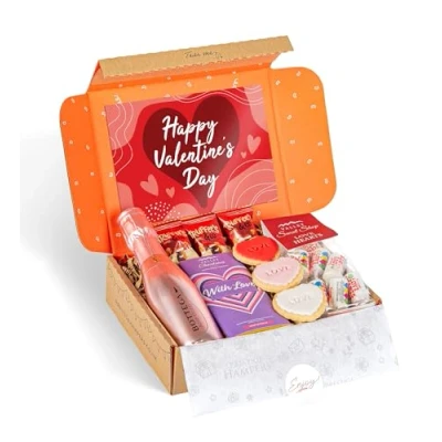 Image of Valentines Hamper Sent With Love Postal Gift Prosecco and Chocolates Heart Sweets Letterbox Present Milk Chocolate Bar Sharped Biscuits.