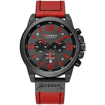 Image of Gosasa Men Sport Chronograph Quartz Watch Brown Leather Strap Date 30M Waterproof Military Male Wrist Watch, Z Red, Watch,Chronograph