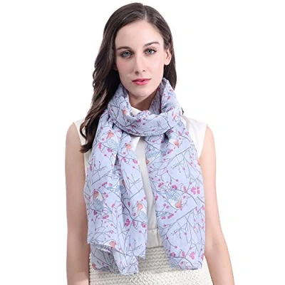 Image of Lina &amp; Lily Birds Print Women&#039;s Scarf Shawl Wrap Lightweight (Robin bird grey blue)