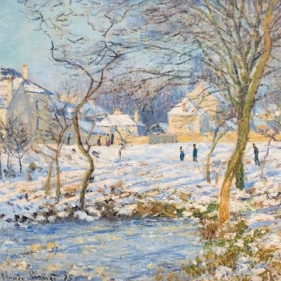 Image of British Heart Foundation Charity Christmas Cards Pack of 8 Pond in the Snow by Claude Monet Traditional Artistic Countryside Scene Eco Friendly Made UK