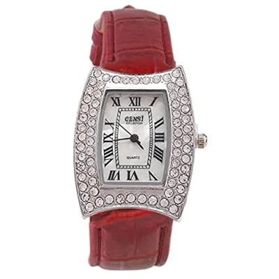 Image of Censi Women&#039;s Silver Diamante Bezel PU Leather Strap Mother of Pearl Face Wrist Watch Japanese Quartz Buckle Clasp (Red)