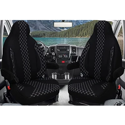 Image of Custom Seat Covers Driver and Passenger Compatible with Motorhome Pössl Weinsberg Knaus Adria Dethleffs Fendt Carthago Bürstner Eura Mobile Pilote Laika Kabe Chausson Hobby PL408 (Black/White)