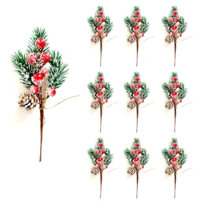 Image of RXXR 10 Pcs Christmas Berries Red Stems Evergreen Pine Branches Artificial Cones Holly Stem Craft Ornaments Snowflakes Picks