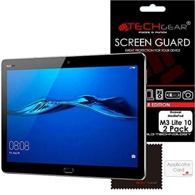 Image of TECHGEAR [Pack of 2] Screen Protectors for Huawei MediaPad M3 Lite 10&quot; Ultra Clear Protector Guard Covers with Cleaning Cloth &amp; Application Card