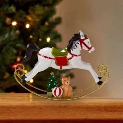 Image of Marco Paul Novelty Rocking Horse Christmas Ornament Large Hand Painted Free Standing Metal Decorations for centerpiece, table decor, Home accessories (White Horse)
