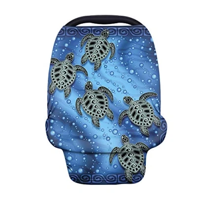 Image of Binienty Car Seat Cover for Babies Carseat Canopies, Stretchy Fabric Baby Nursing Breastfeeding Cover, Washable, Boho Sea Turtle Print