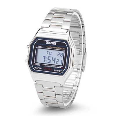 Image of Electronic Watch, 3 Colors Digital LED Back Light Watch Rectangle Wristwatch with Stainless Steel Strap (Silver)