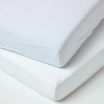 Image of HOMESCAPES Soft Linen White Cot Bed Fitted Sheets 140 x 70 cm 2 Pack Textured Natural French Flax &amp; Pure 100% Cotton Toddler with Fully Elasticated Skirt Hypoallergenic Easy Care