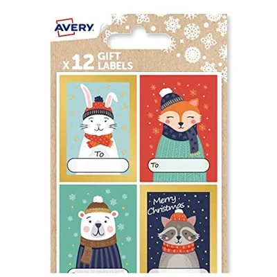 Image of Avery Festive Label Pack with Winter Animals Designs 12 PCS Gift Stickers, Premium Christmas Name Labels and Wrap Decoration.