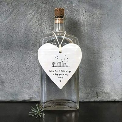 Image of East of India Porcelain Hanging Heart &#039;Every time I think you hug in my heart&#039; Gift Decoration Sentimental