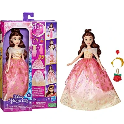 Image of Hasbro Disney Princess Life Doll Mannequin Belle, 10 Combinations of Outfits, from 3 Years, F4625 Multi Coloured Includes Doll, Dress, 2 Skirts, Tiara, Pink, Handbag and Shoes