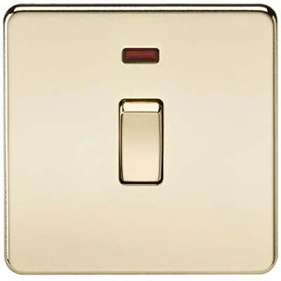Image of KnightsBridge 20A 1G DP 230V Screwless Polished Brass Electric Wall Plate Switch with Neon