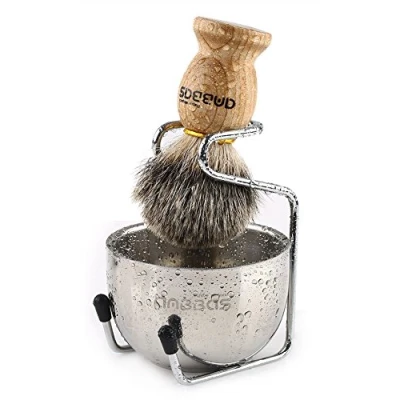 Image of Anbbas Pure Badger Hair Shaving Brush Natural Wooden Handle with Stainless Steel Stand and 2Layers Soap Bowl for Men Wet Stater