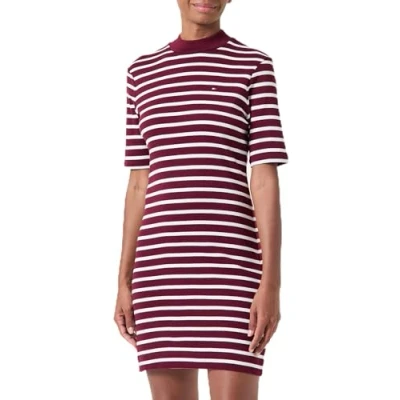 Image of Tommy Hilfiger Women’s Slim Cody Mock Neck T shirt Dress, Multicolor (Breton Stp Deep Rouge/ Ecru), S