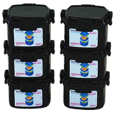 Image of Sistema® Small Plastic Snack Fruit Breakfast Lunch Box Food Storage with Locking Clip Lid 400ml Black BPA Free (6pcs)