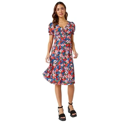 Image of Roman Originals Fit &amp; Flare Skater Dress for Women UK Ladies Tea Stretch Jersey Casual Summer Occasion Evening Cocktail Party Smart Holiday V Necked Knee Length Red Blue Size 18
