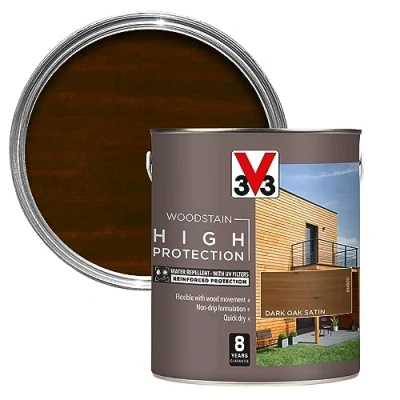 Image of V33 High Protection Woodstain Dark Oak 2.5L 8 Years Guarantee with UV Filters Water Repellent Non drip Formulation Felxible Quick Dry Only 2 Coats Needed