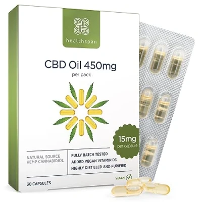 Image of Healthspan 450mg CBD Oil Capsules 30 Added Vitamin D3 Vegan