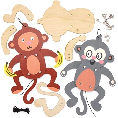 Image of Baker Ross AT770 Cheeky Monkey Wooden Puppet Kits Pack of 4, For Kids Arts and Crafts Projects