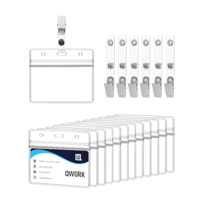 Image of QWORK® 50 Pack Clear ID Card Holder Badge with Metal Clip for Schools Events Businesses, Suitable Size 88 x 55 mm