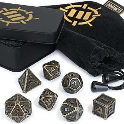 Image of ENHANCE DnD Metal Dice Set 7pc Solid Zinc Alloy Polyhedral with Storage Case and Drawstring Bag Included RPG for Dungeons Dragons, Pathfinder, &amp; more (Ancient Bronze)