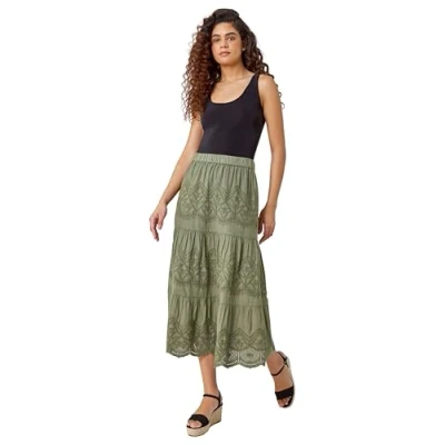 Image of Roman Womens Broderie Tiered Stretch Midi Skirt Khaki Cotton Size 14 UK