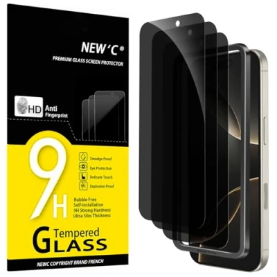 Image of NEW&#039;C 3 Pack Privacy Screen Protector for iPhone 16 Pro (6.3 inches), Anti Spy Tempered Glass Film,Enhanced 28 Degree Angle Easy installation tool included