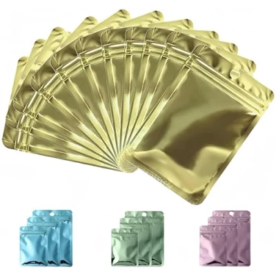 Image of Rimiko 50pcs Resealable Sample Bags, Small Ziplock Mylar Bags with Hanging Hole, Clear Foil for Packaging, Retail, Food and Items Storage (Metallic Yellow, 3.0&quot;x4.7&quot;)